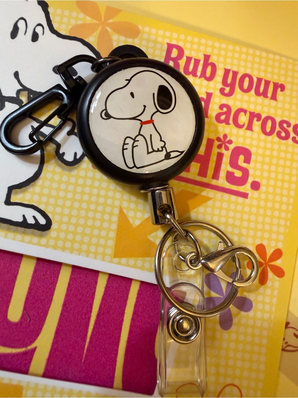 Snoopy black and white Retractable reel badge key tag holder